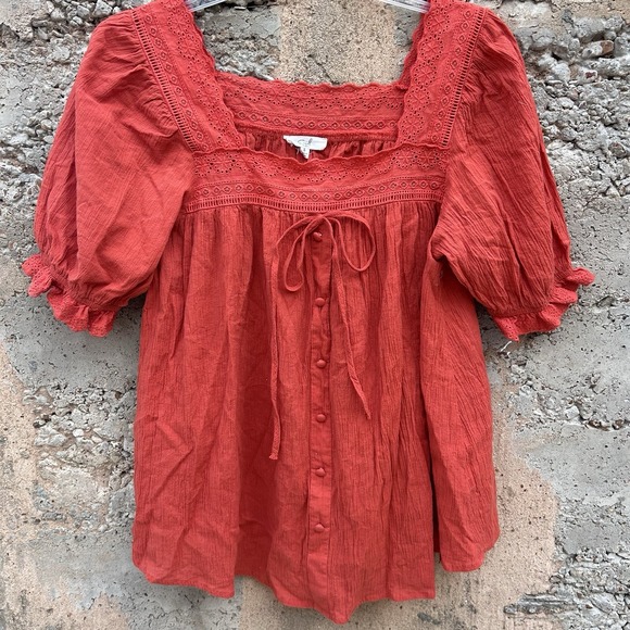 easel Tops - Easel Women's Boho Cottage Farmers Market Summer Tunic Embroidered Red Sz Small